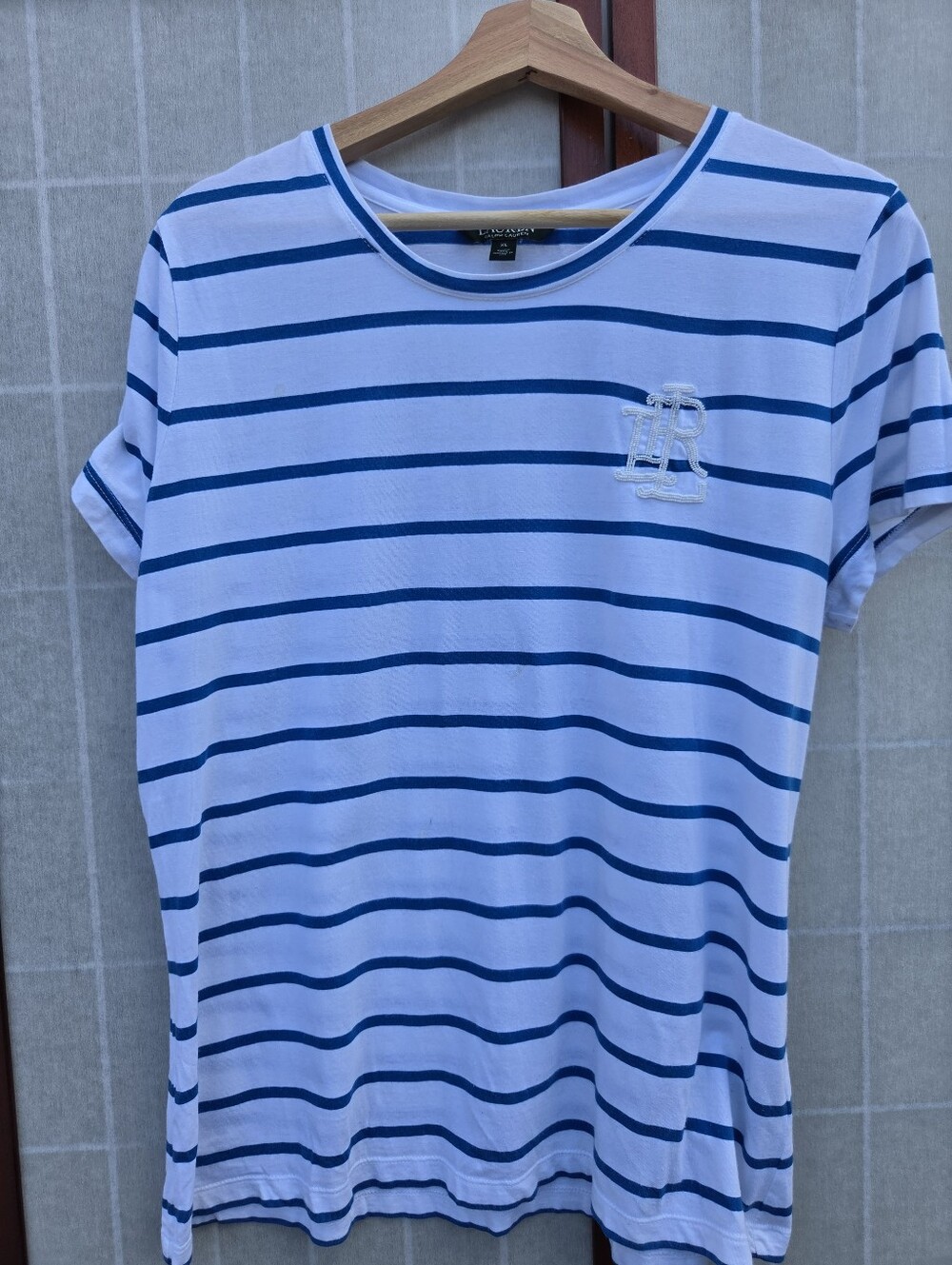 Lauren Ralph Lauren Blue Striped Monogram Tee Coastal Preppy Nautical XL